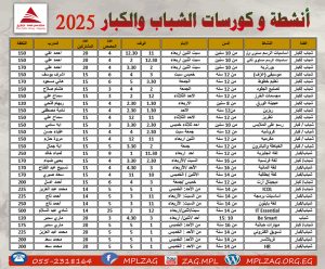 جدول انشطة الشباب و الكبار لصيف 2025