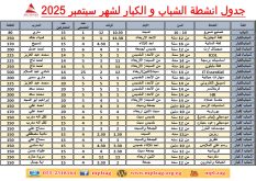 جدول انشطة الشباب و الكبار 2025 لشهر سبتمبر